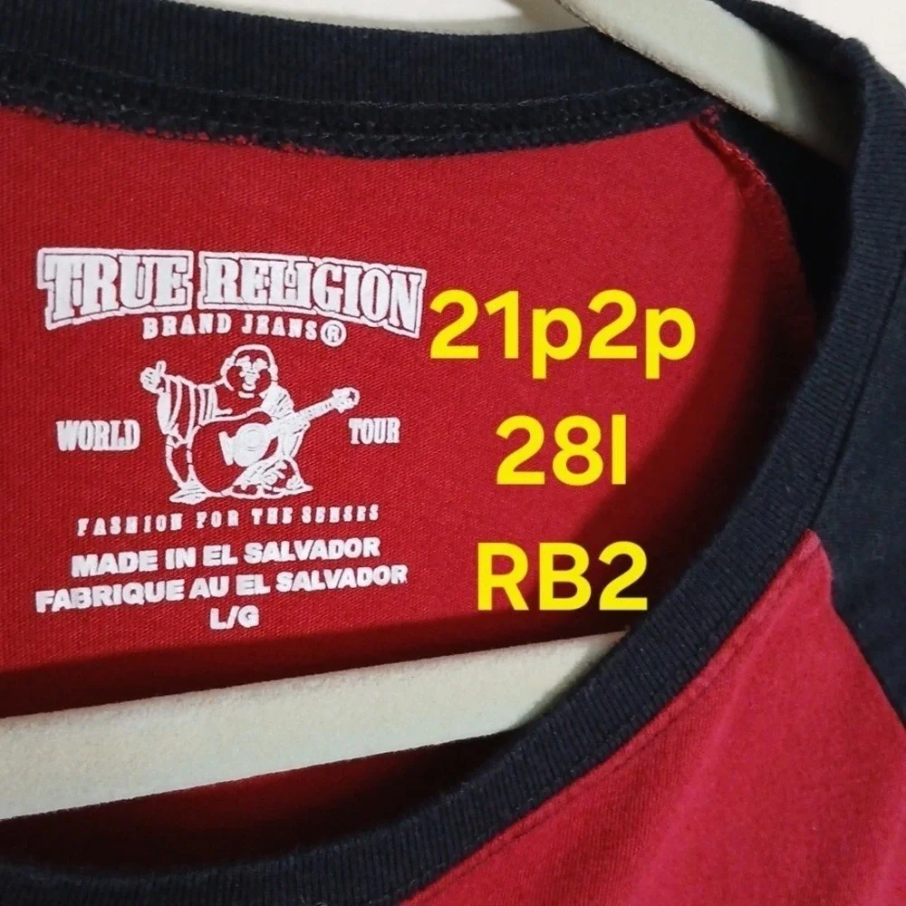 True Religion Raglan Shirt Logo Long Sleeve‎ Graphic Tee Men's Large Red Cotton